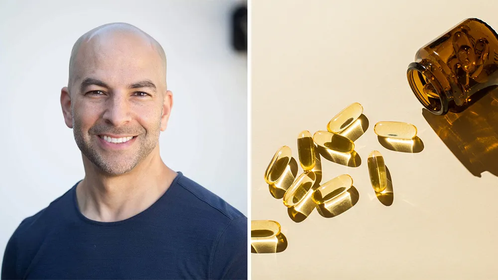 Photo of Dr Attia beside a bottle of supplement capsules