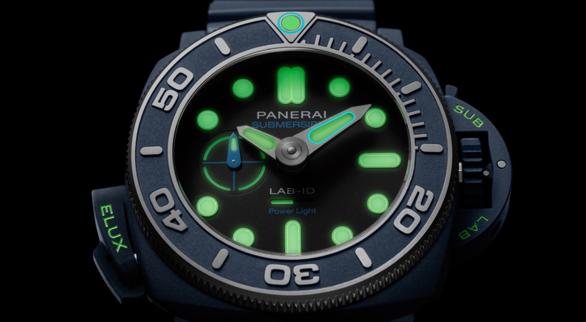 front view of the lit-up Panerai submersible elux lab-id