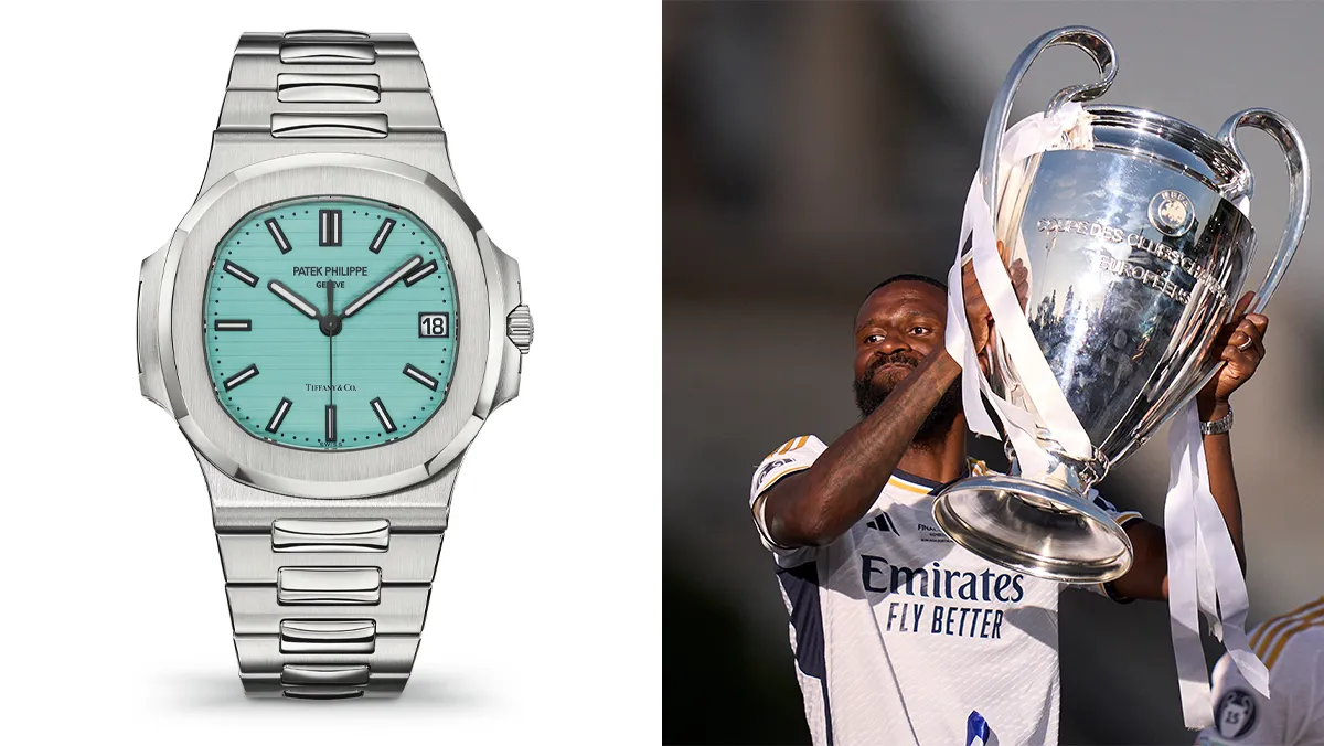 The Patek Philippe Nautilus with Rudiger lifting the Champions League trophy beside it